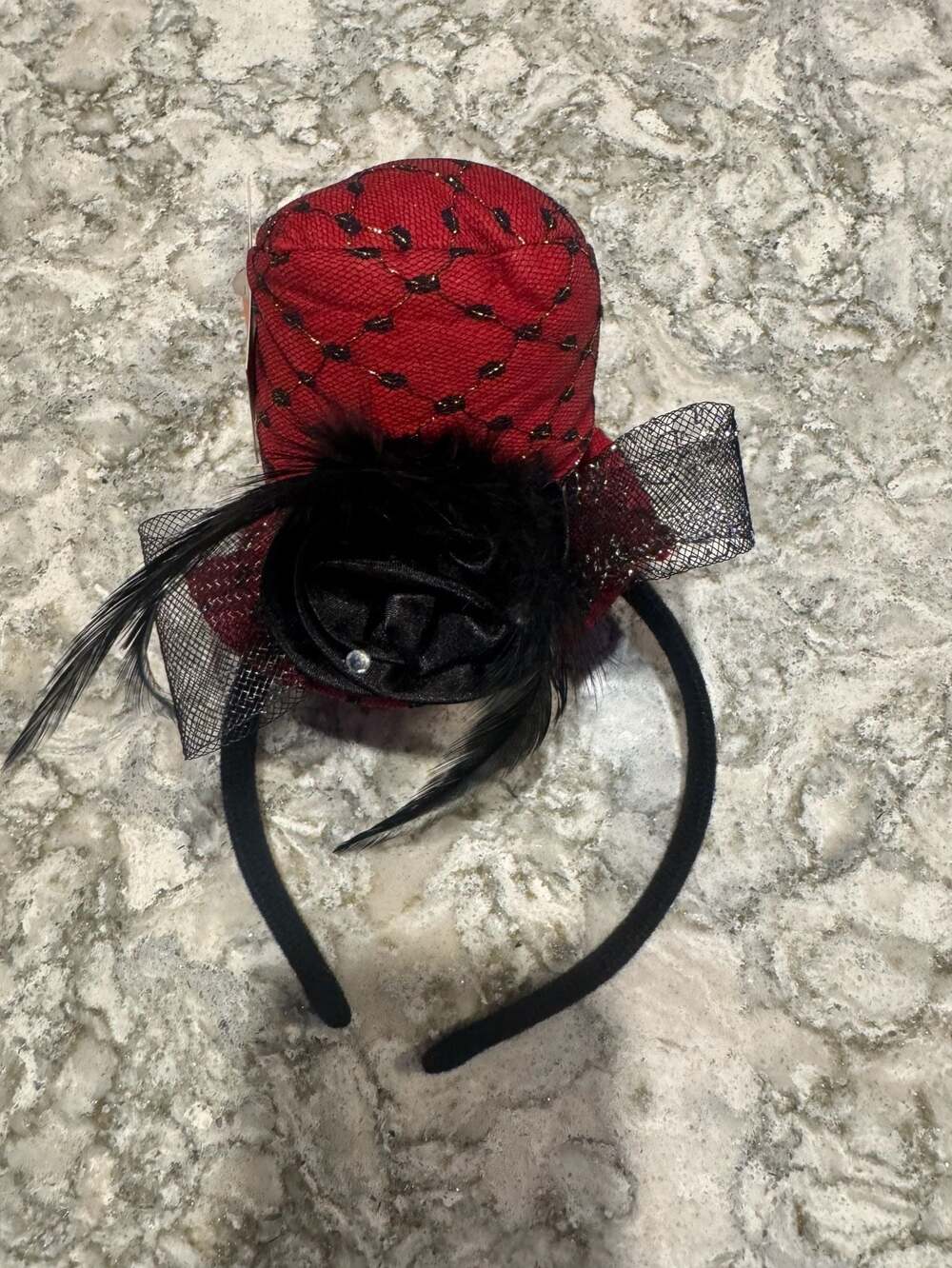Christmas Tree Shops Red and Black Mini Top Hat Fascinator Headband with Veil an